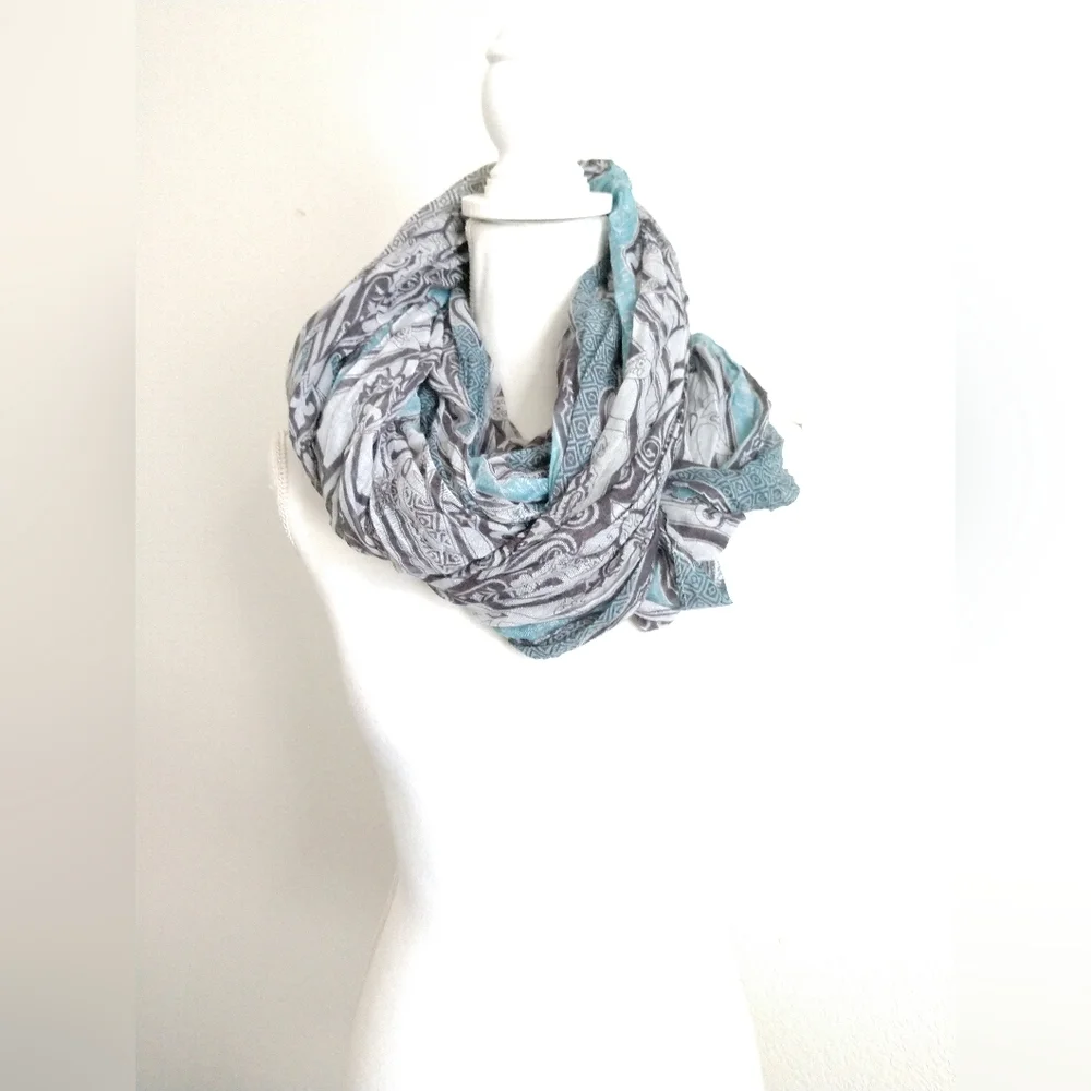 Grey Blue Floral Geometric Infinity Scarf Circle Loop 32